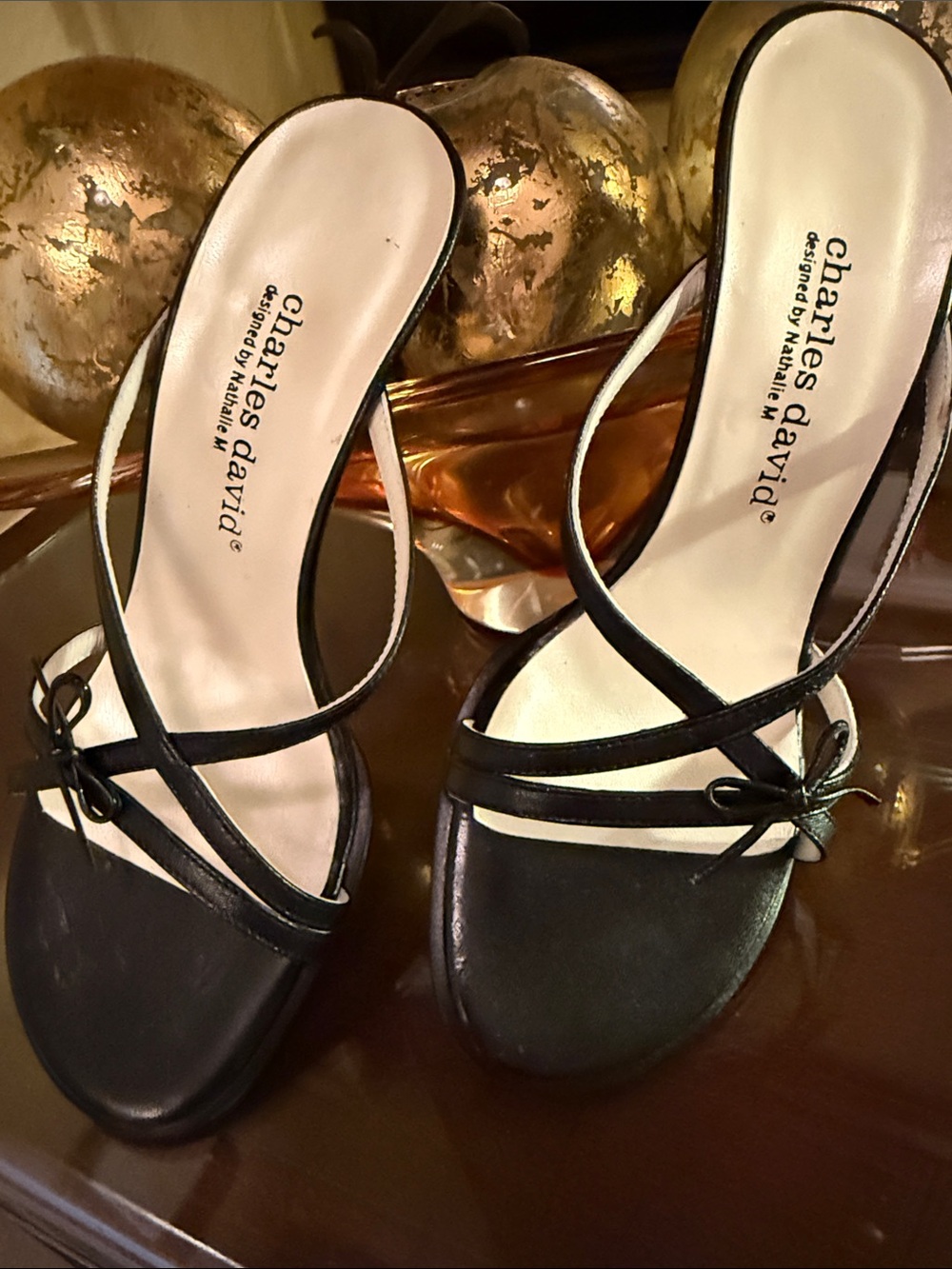 Charles David by Natalie M. Black Leather Strappy Bow Heels NEW